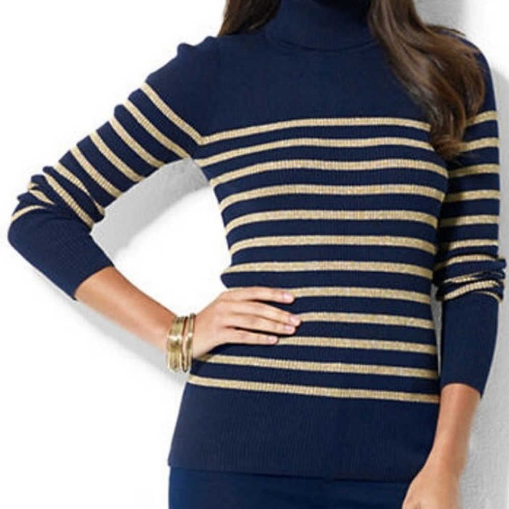 Ralph Lauren Sripped Ribbed Turtle Neck Sweater